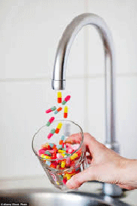 Public water systems are generally not equipped to remove specific medication compounds from wastewater. Image of pills coming from water faucet.