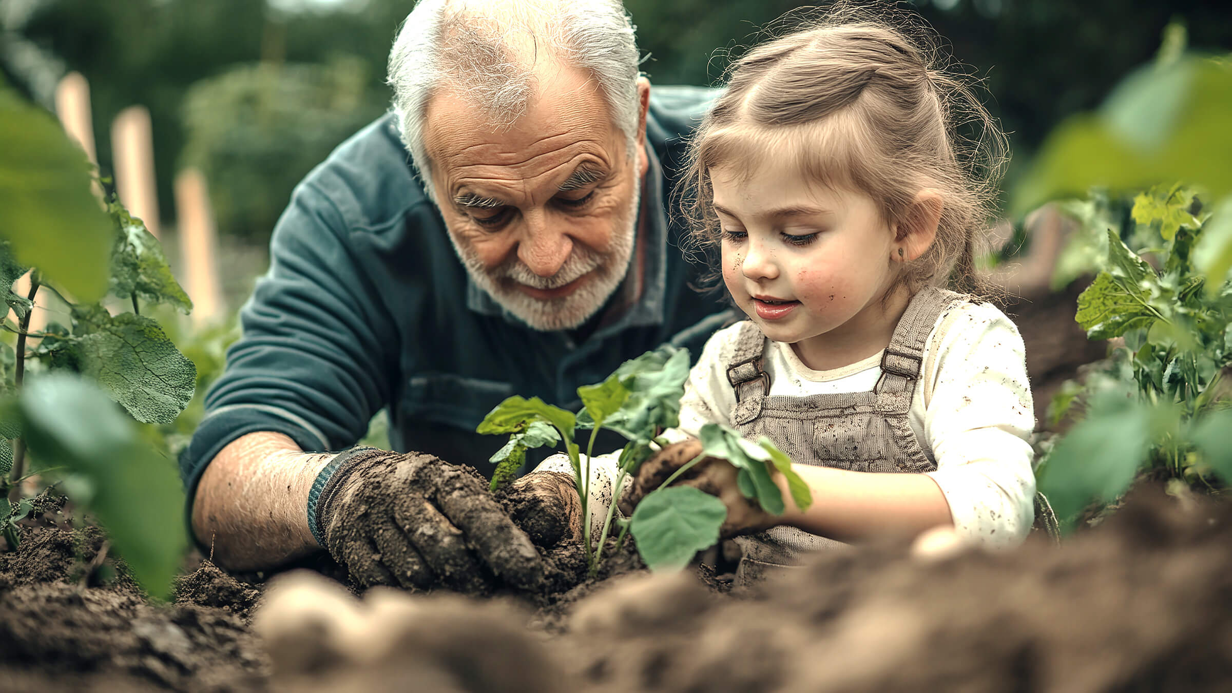 Image of adult & child gardening. 