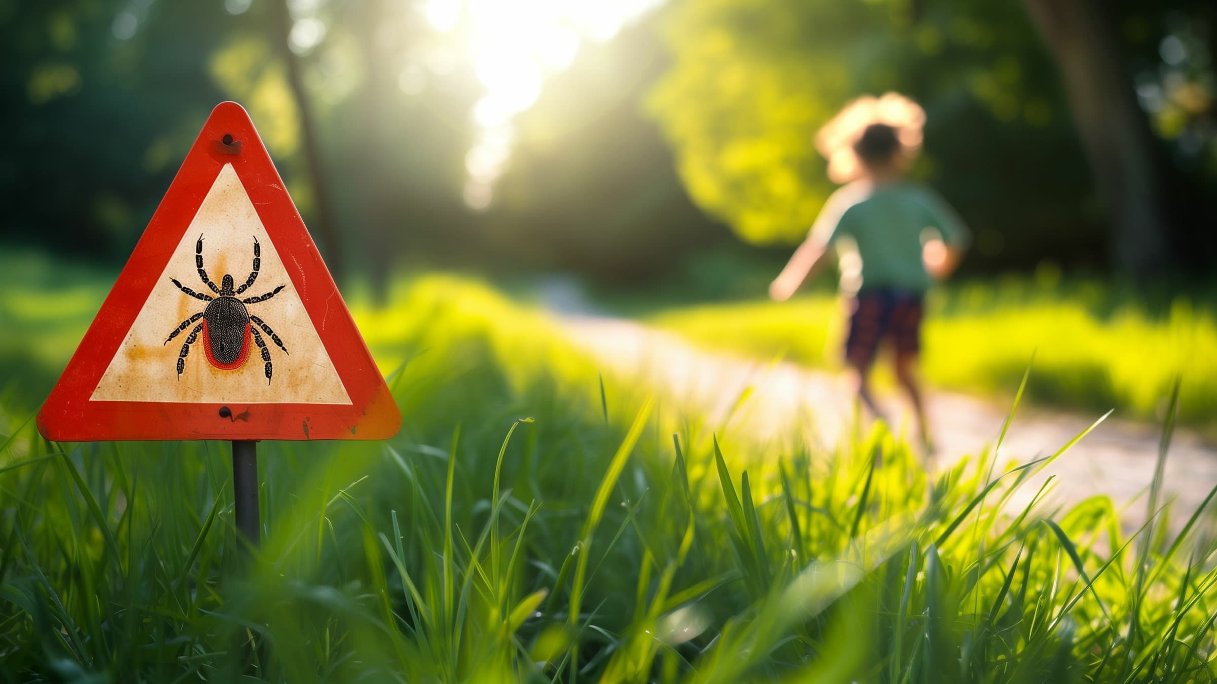 Image of child and caution sign for ticks. 