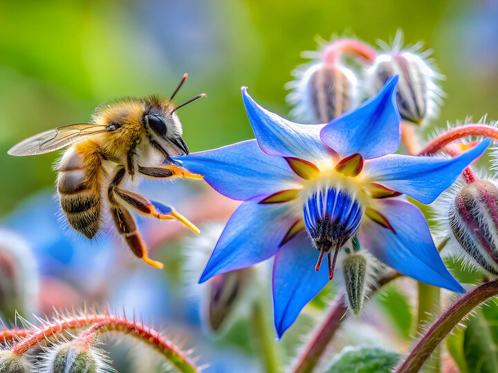 Image of a honeybee on borage flowers. 