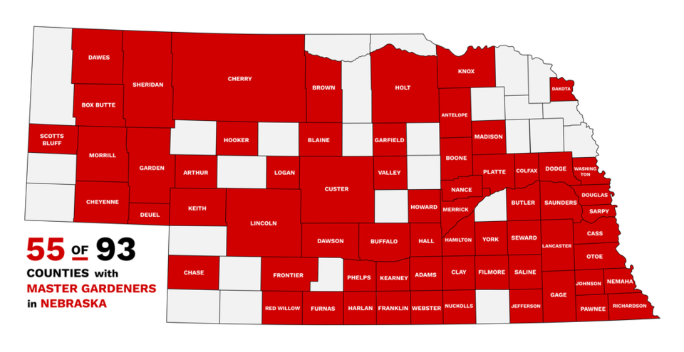 Image of Nebraska counties where Master Gardeners are active. 