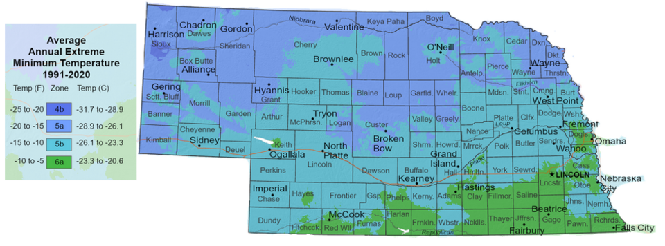 2023 USDA Hardiness zone map, showing the different hardiness zones in Nebraska