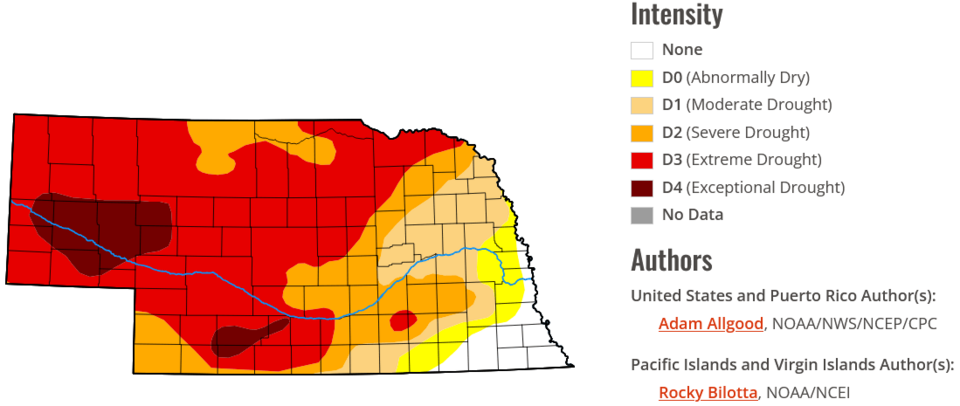 Nebraska drought map showing varying levels of severity, highlighted from yellow to dark red areas.